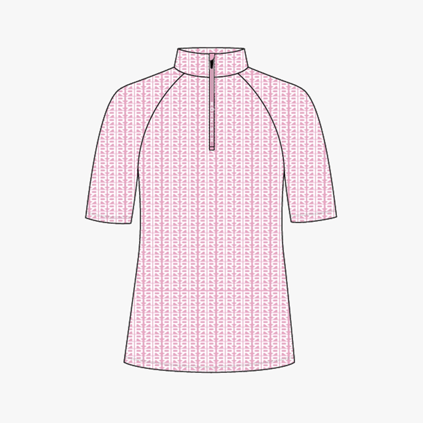 Half Zip SS Top - Typographic Print Begonia Pink