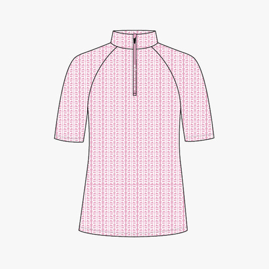 Half Zip SS Top - Typographic Print Begonia Pink