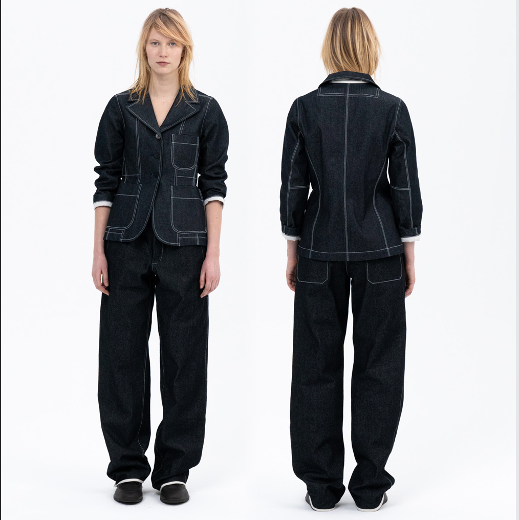 Person wearing a black denim outfit with front and back views on a white background