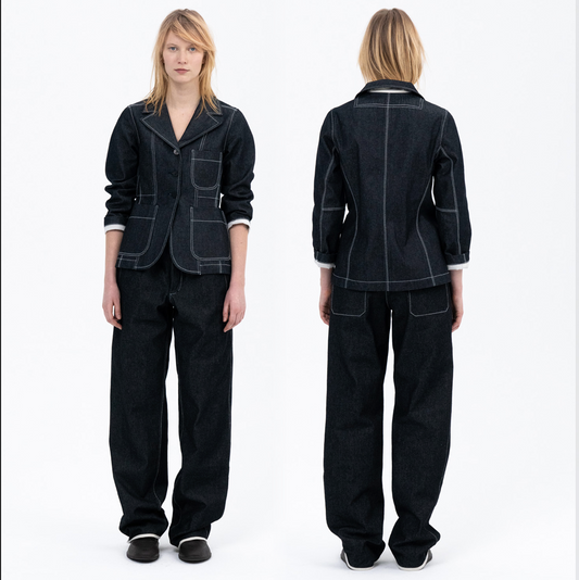 Person wearing a black denim outfit with front and back views on a white background